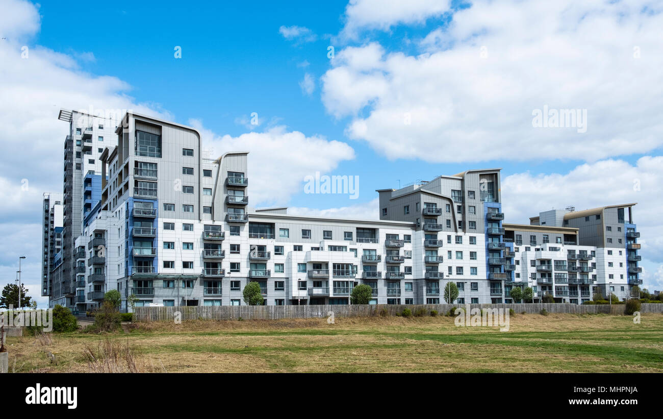 Large modern apartment blocks at Western Harbour in Leith, Edinburgh