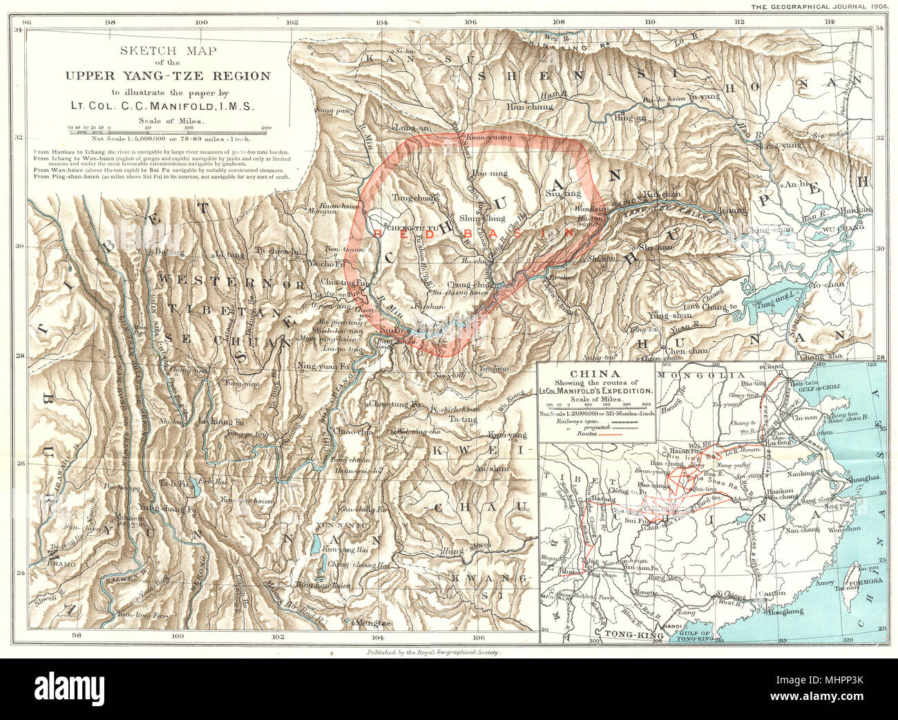 CHINA. Upper Yang- Tze region; Lt. Col. Manifold's Expedition. RGS 1904 map Stock Photo