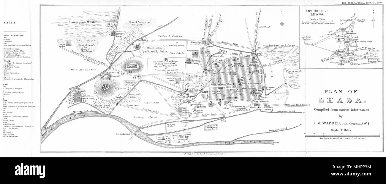 TIBET. Plan of Lhasa; Inset Environs of Lhasa. Lt Colonel Waddell. RGS 1904 map Stock Photo