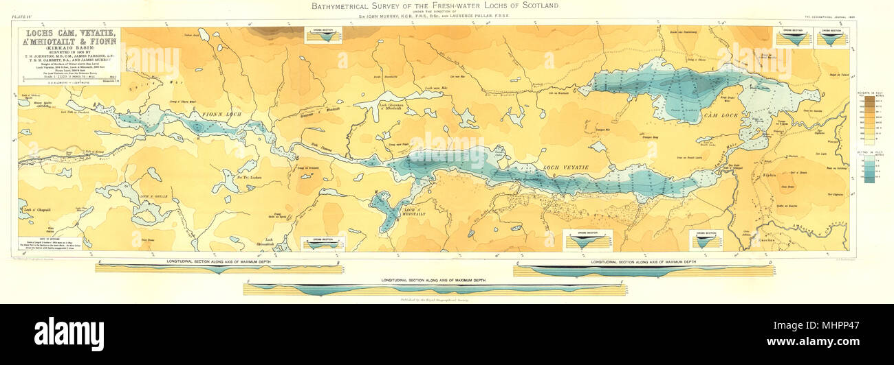 SCOTTISH LOCHS. Cam, Veyatie, A'Mhiotailt & Fionn (Kirkaig Basin) . RGS 1904 map Stock Photo