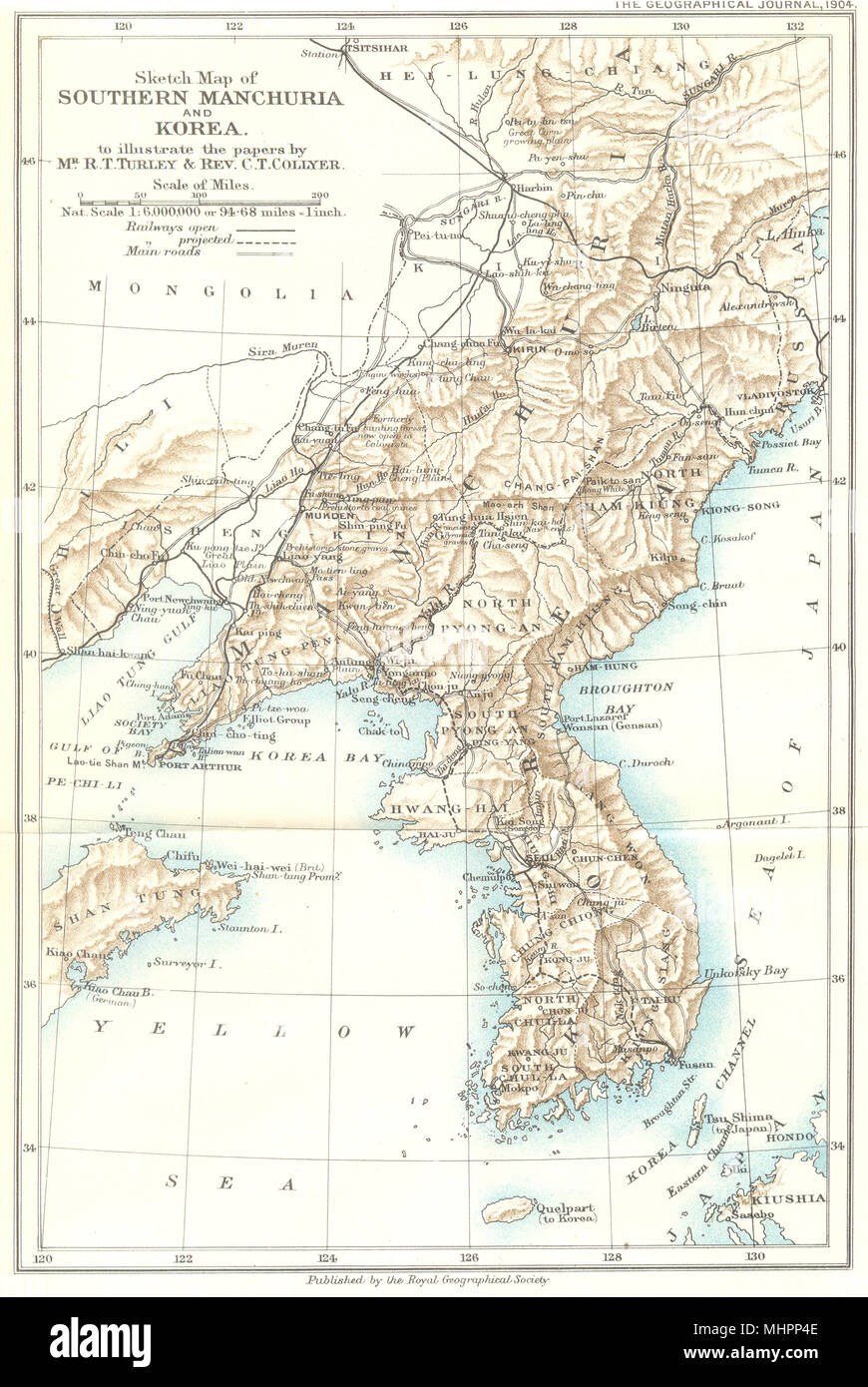 ASIA. Sketch Map of Southern Machuria and Korea. Turley Collyer. RGS 1904 Stock Photo