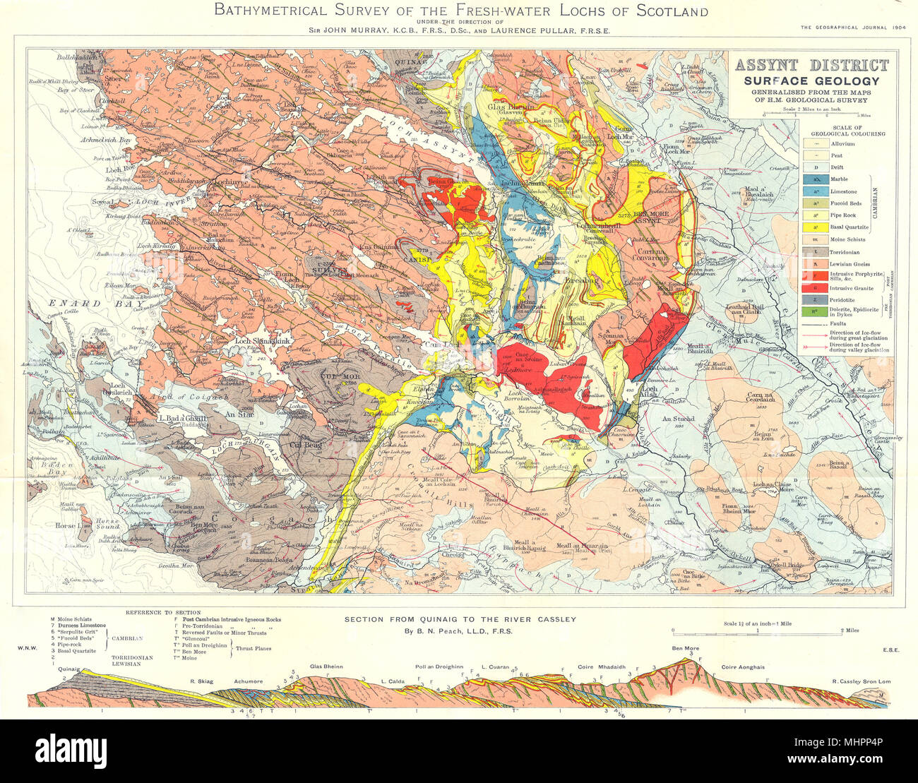 SCOTTISH LOCHS. Assynt district surface Geology. RGS 1904 old antique map Stock Photo