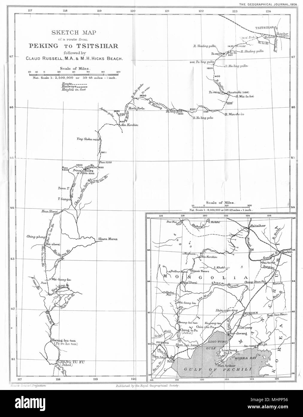 CHINA. Route Beijing Tsitsihar; Russell. Hicks Beach; Gulf Pechili. RGS 1904 map Stock Photo