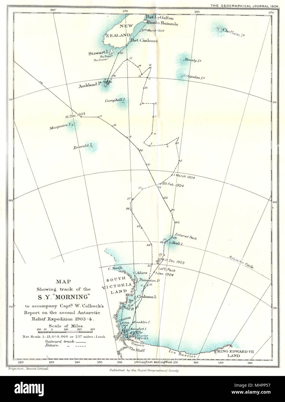 ANTARCTIC.Track SY Morning Capn Colbeck Relief Expedition 1903-4. RGS 1904 map Stock Photo