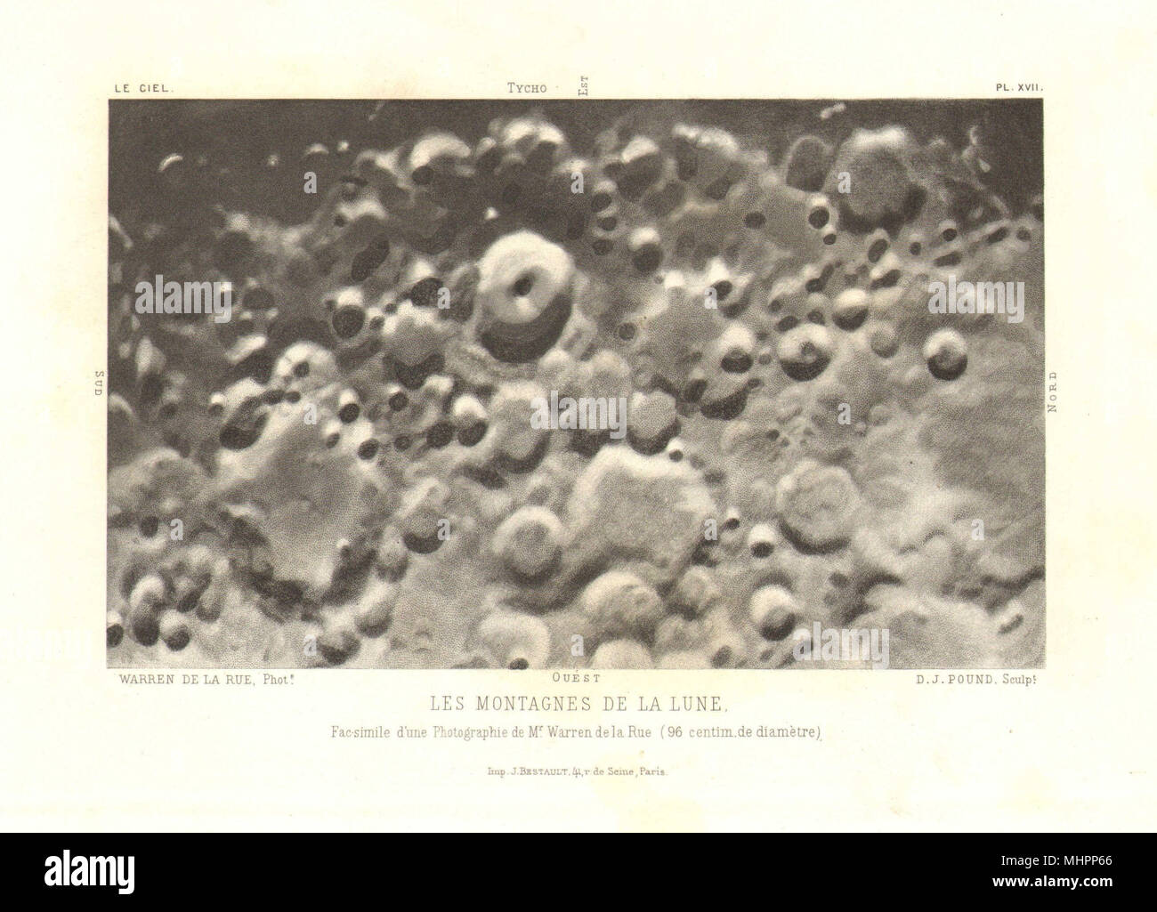 MOON. Showing 'Mountains' (craters), Warren de Rue photograph 1877 old print Stock Photo