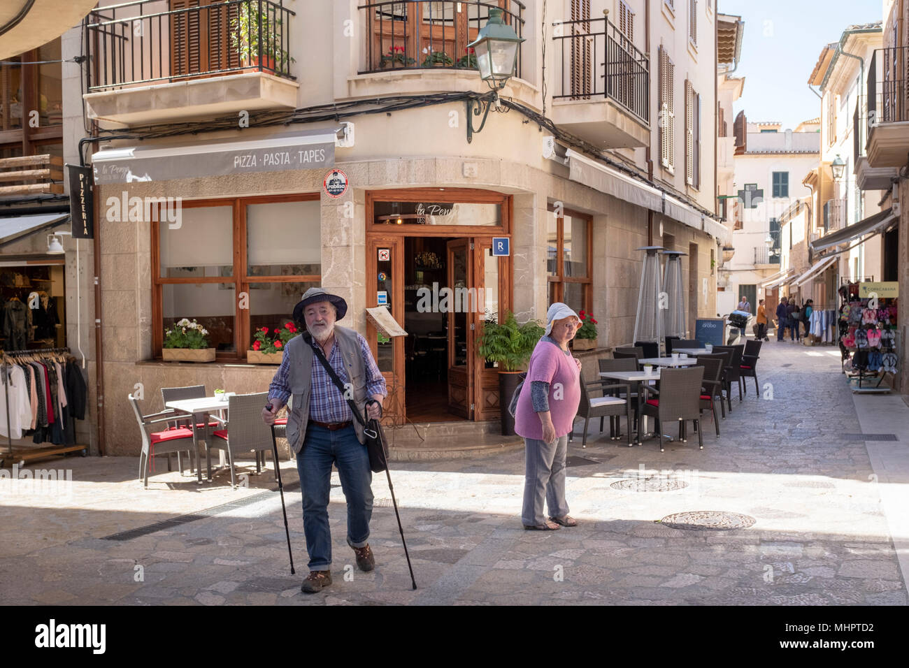 A street scene in Pollensa town, Mallorca, Spain. Stock Photo