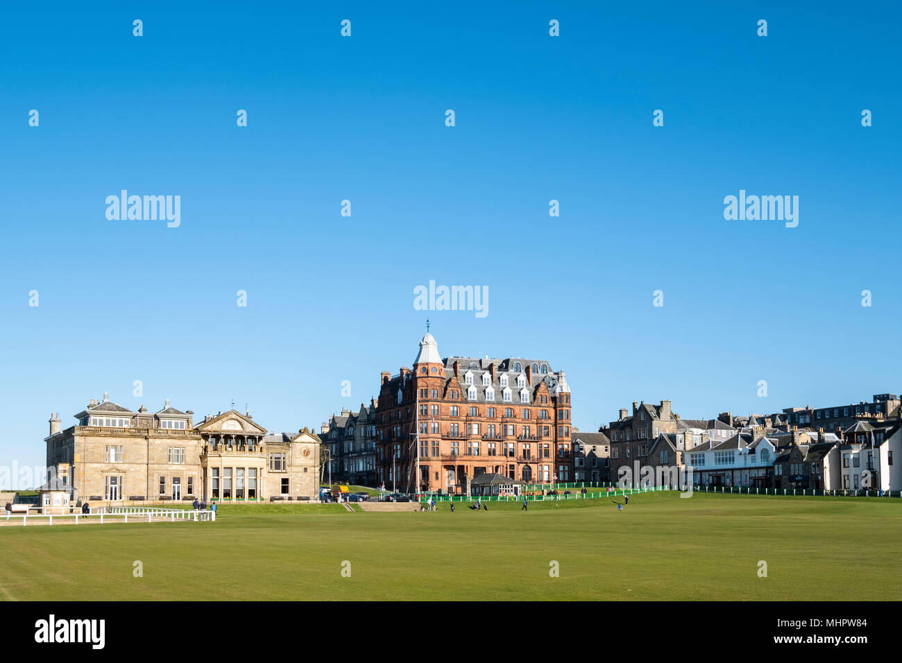 Exterior view of the club house of The Royal and Ancient Golf Club (R&A) and Hamilton Grand apartment building beside Old Course in St Andrews, Fife,  Stock Photo