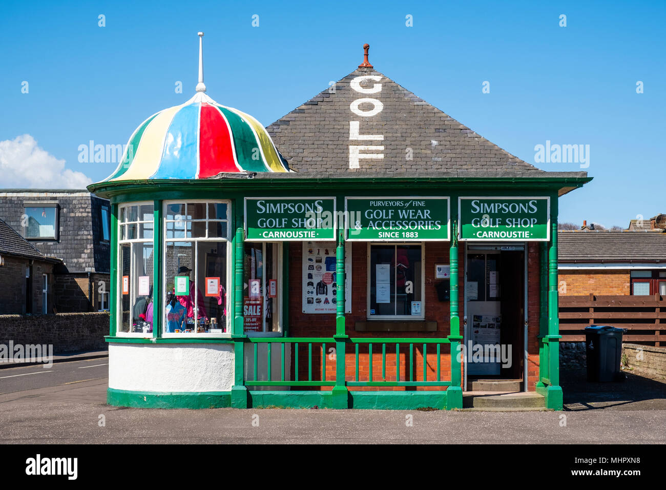 Exterior view of historic Simpsons Golf Shop beside Carnoustie Golf Links (course) in Carnoustie, Angus, Scotland, United Kingdom Stock Photo