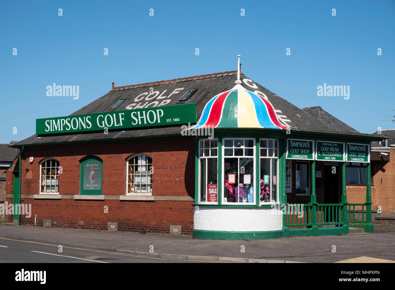 Exterior view of historic Simpsons Golf Shop beside Carnoustie Golf Links (course) in Carnoustie, Angus, Scotland, United Kingdom Stock Photo
