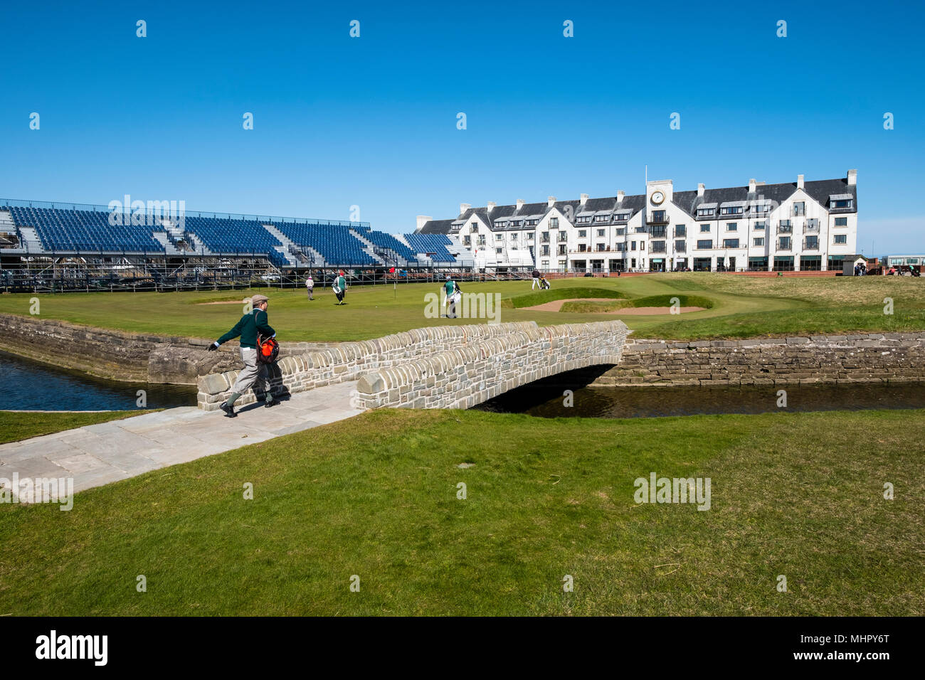 View of Carnoustie Golf Course Hotel behind 18th Green with Barry Burn