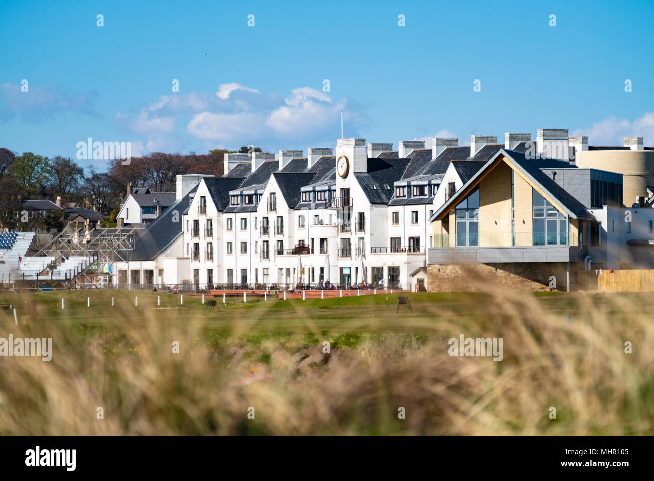View of Carnoustie Golf Course Hotel behind 18th Green at Carnoustie