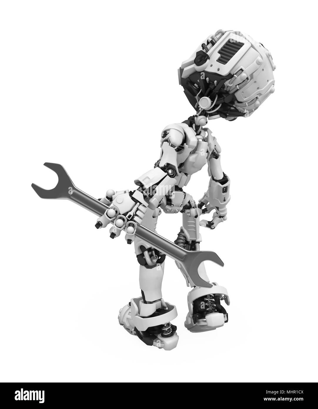 Small 3d robotic figure with a spanner, over white, isolated Stock Photo