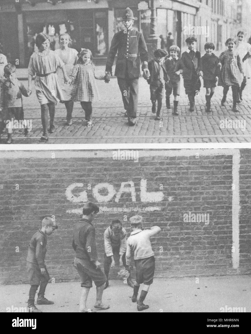 LONDON. Police.Children.Safety crossing a road and Football in the East-End 1926 Stock Photo