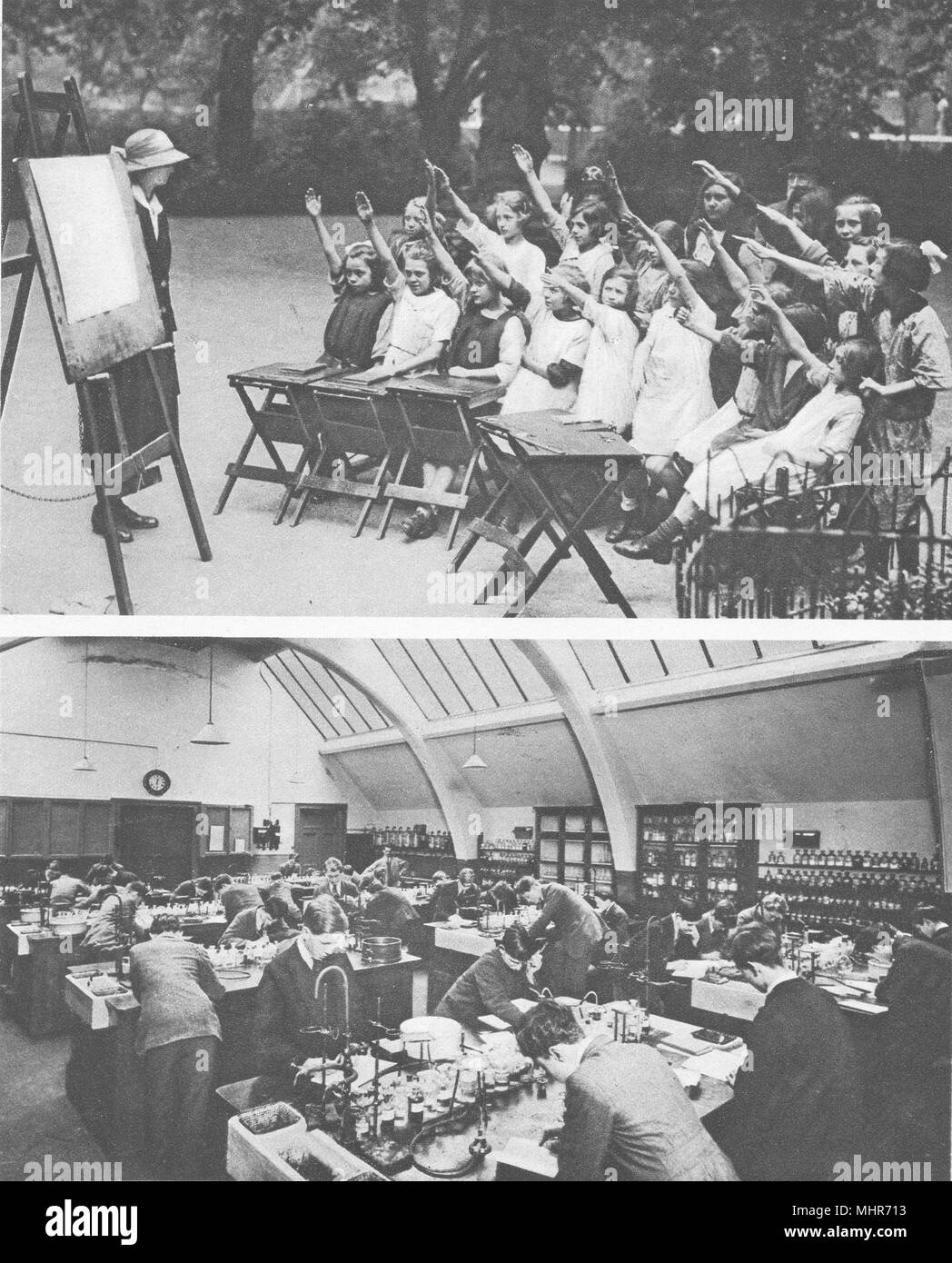 LONDON. Open- Air classes in Lincoln's Inn fields & a Polytechnic Lab 1926 Stock Photo