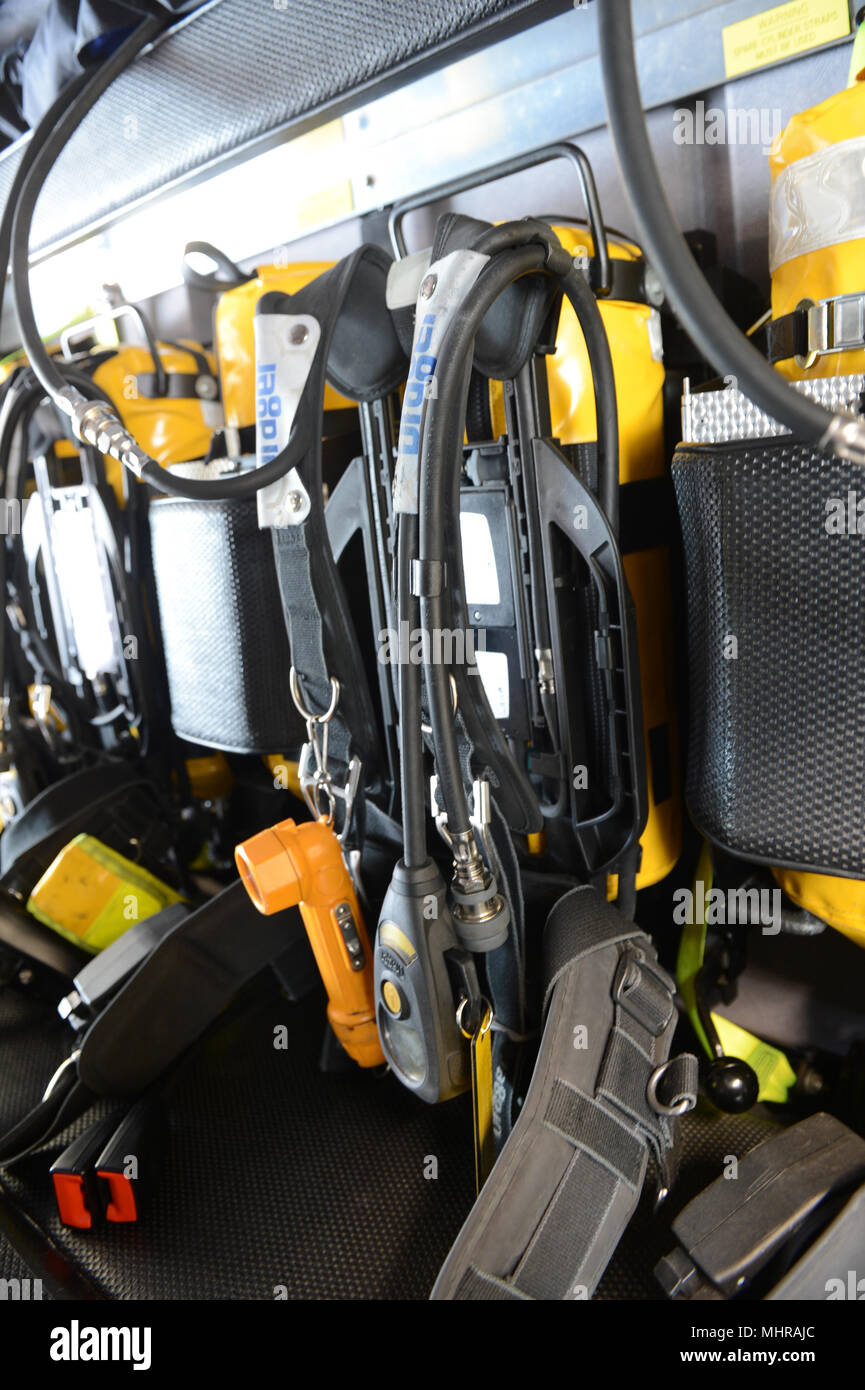 BA sets breathing apparatus in the back of a fire engine tender pump ...