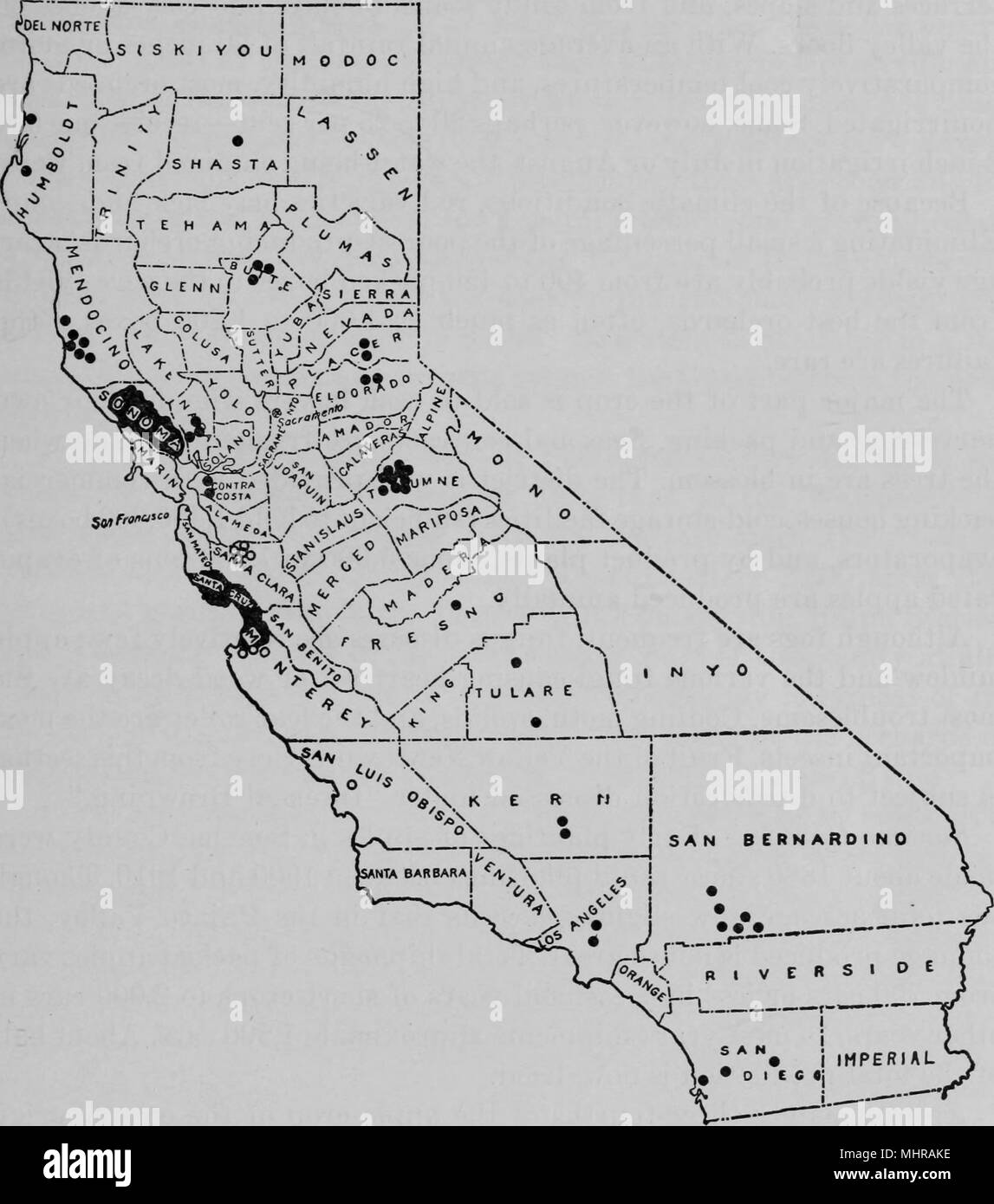 Hand-drawn map of California, with markers indicating significant apple acreage, 1937. Courtesy Internet Archive. () Stock Photo