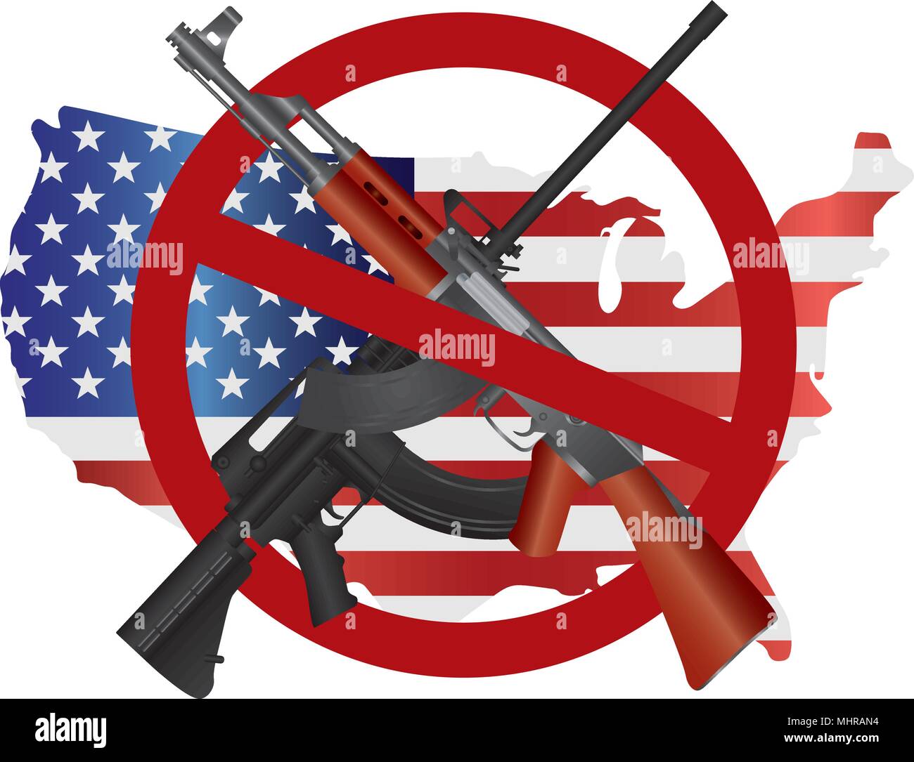 Assault Rifles AR 15 and AK 47 Semi Automatic Weapons ban symbol on USA Map Flag Second Amendments Consitution Illustration Stock Vector