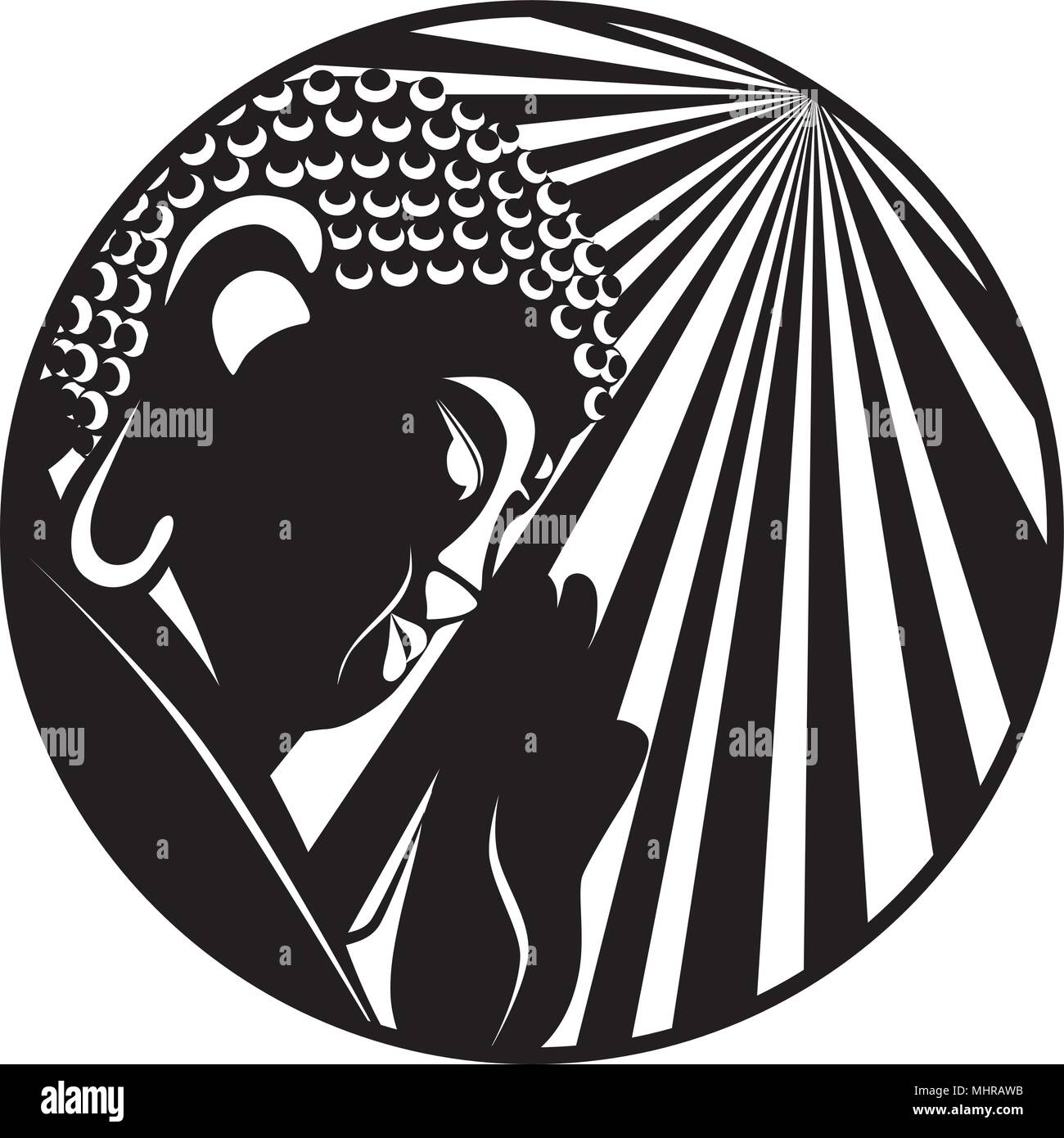 Buddha with raised hand palm and sun light rays in circle border black ...