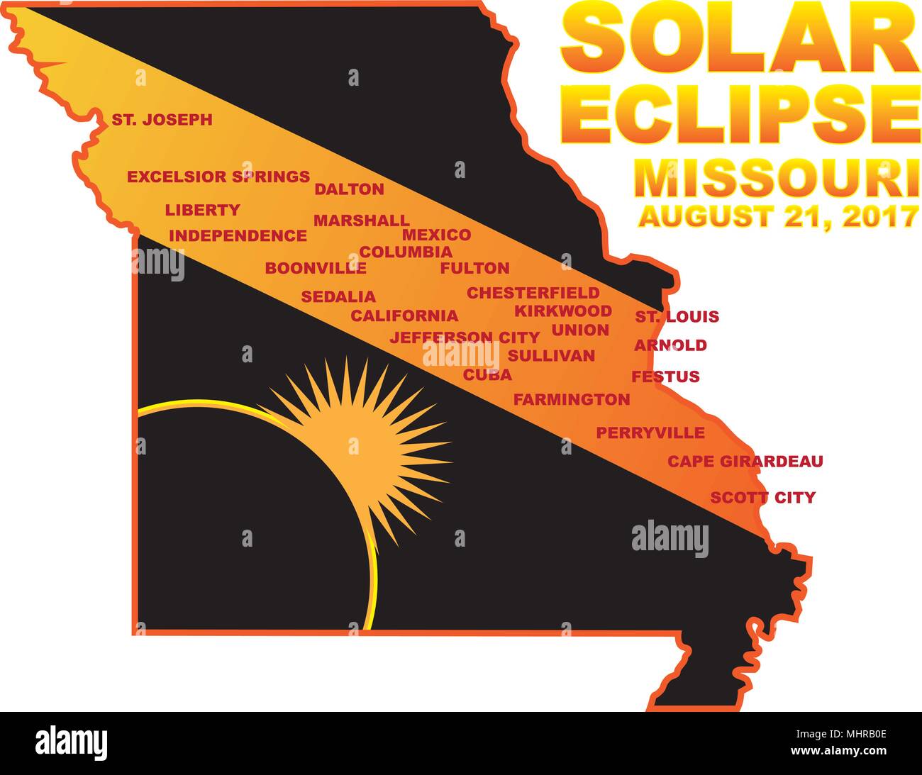 2017 Solar Eclipse Totality across Missouri State cities map color illustration Stock Vector
