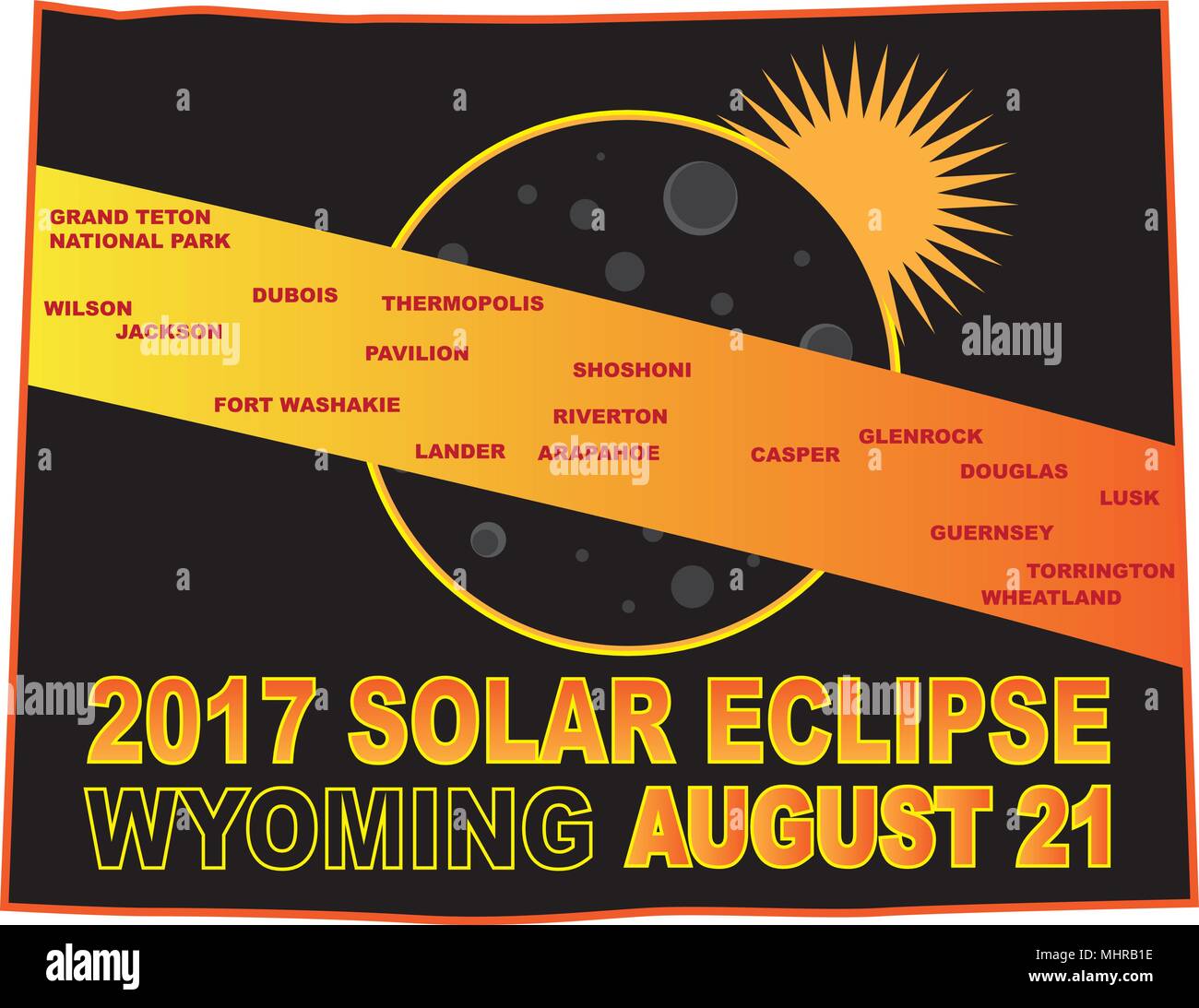 2017 Solar Eclipse Totality across Wyoming State cities map color illustration Stock Vector