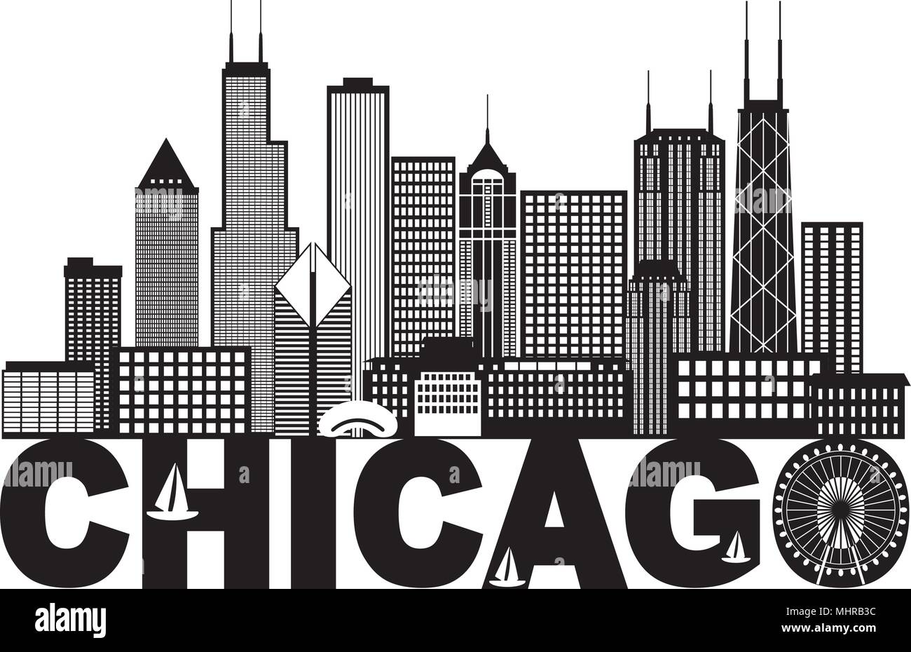 Chicago City Skyline Panorama Black Outline Silhouette with Text Isolated  on White Background Illustration Stock Vector Image & Art - Alamy