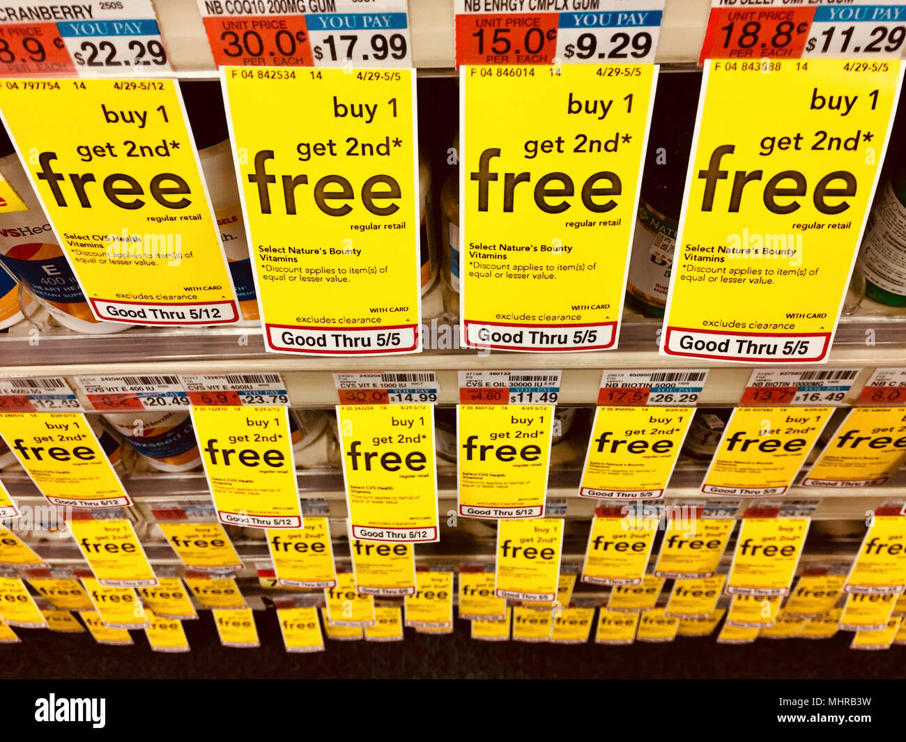 Sale Signs in CVS Pharmacy Drugstore, NYC, USA Stock Photo