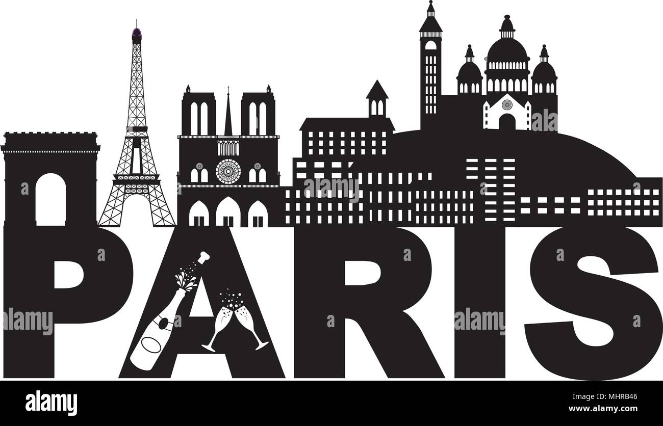 Paris France City Skyline Outline Silhouette with Champagne Bottle Glass Black Isolated on White Background Panorama Illustration Stock Vector