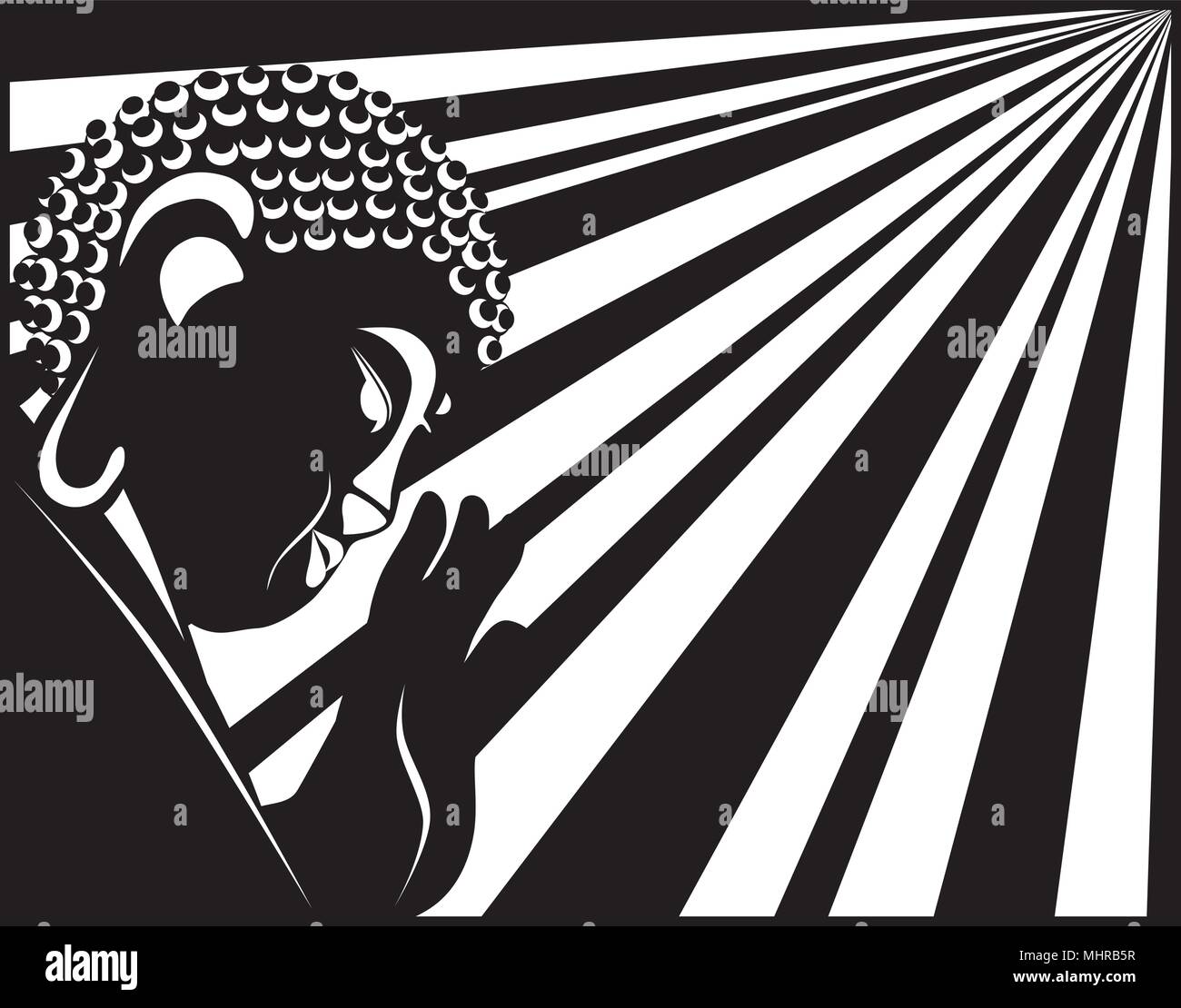 Buddha with raised hand palm and sun light rays in border black and ...