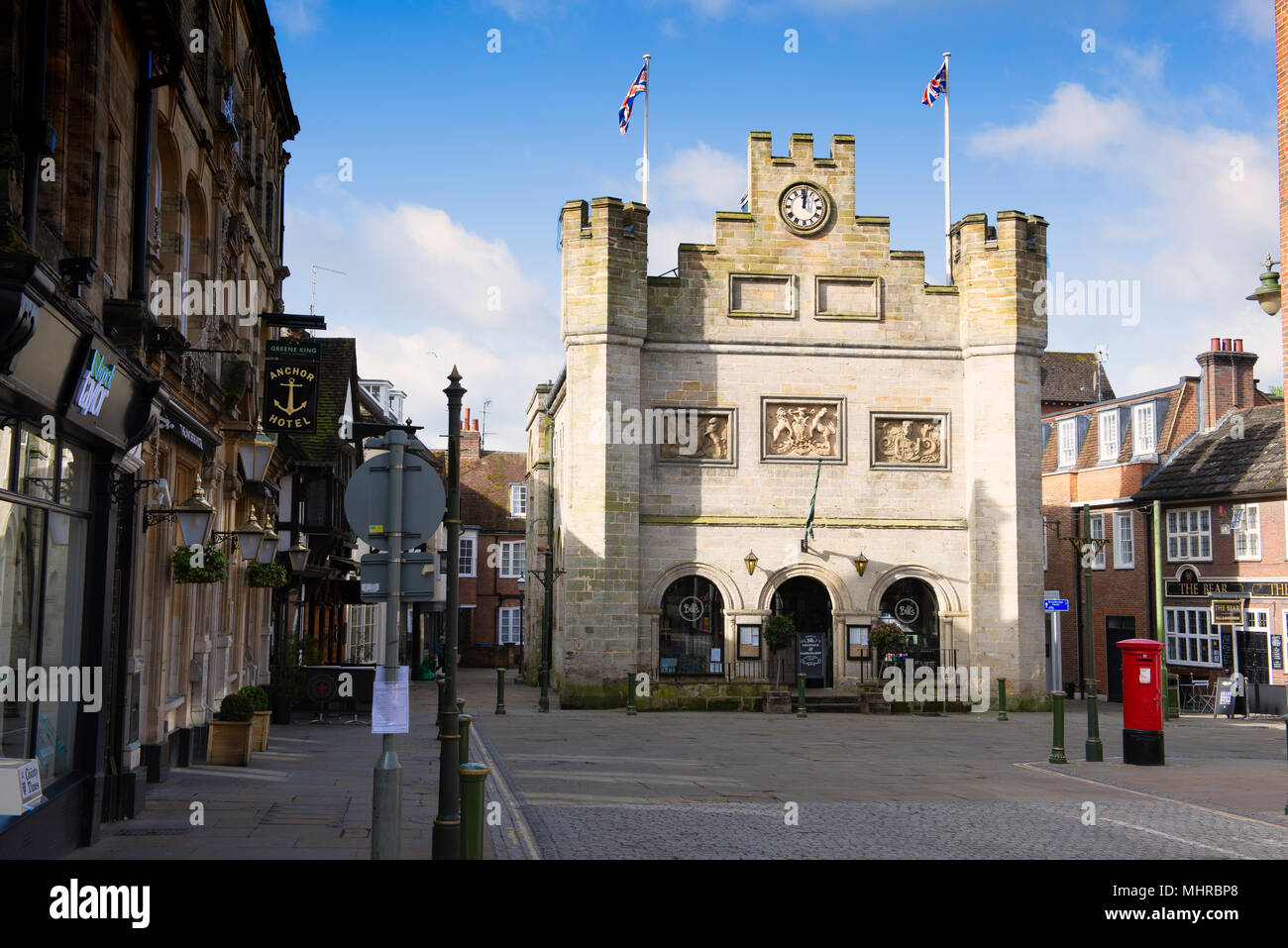 The former Town Hall in Market Square, Horsham, West Sussex on a bright spring morning Stock Photo