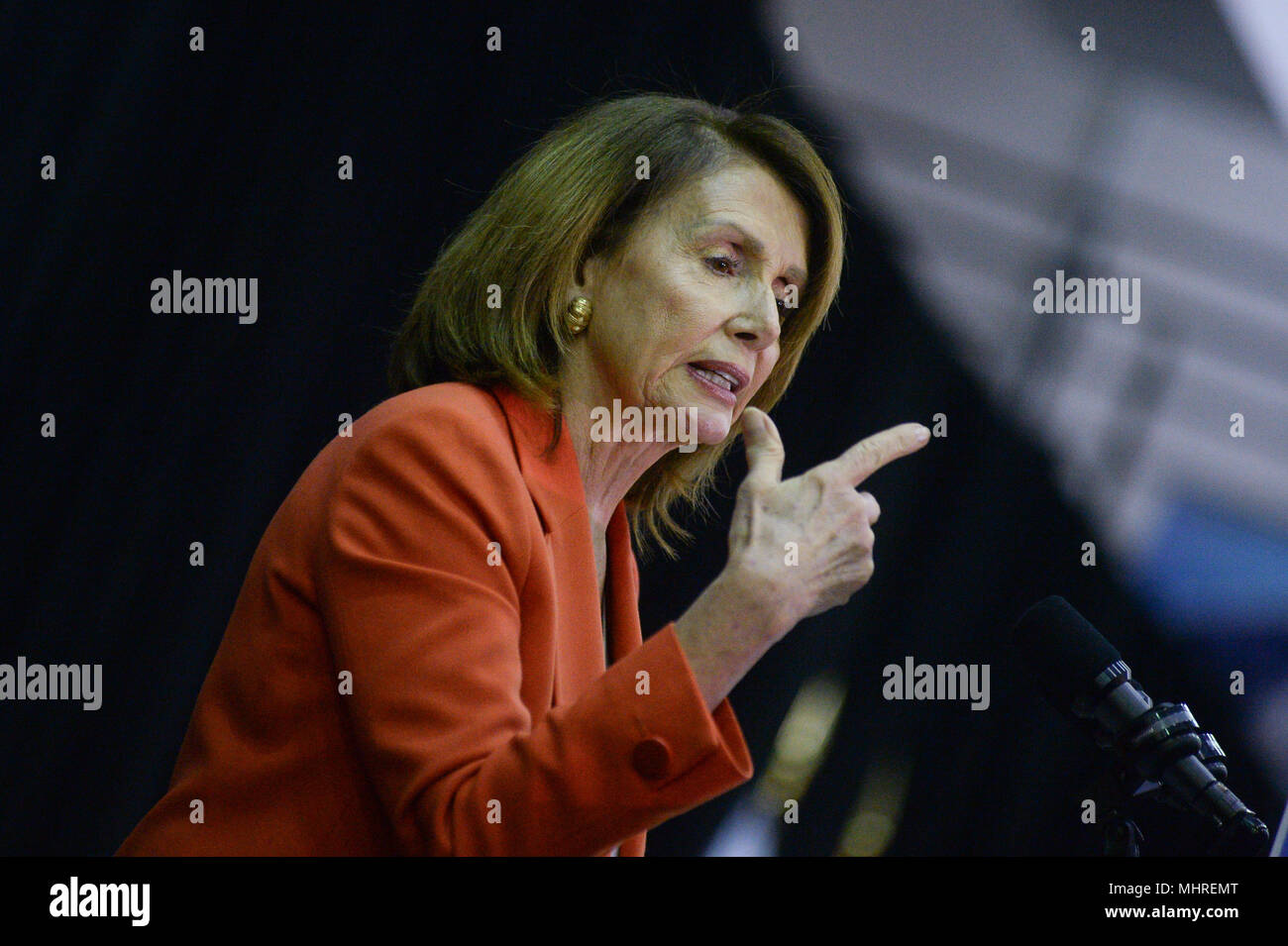 New York, USA. 1st May 2018. House Minority Leader Nancy Pelosi (D-CA) speaks during a bill signing event at John Jay College, May 1, 2018 in New York City. Credit: Erik Pendzich/Alamy Live News Stock Photo