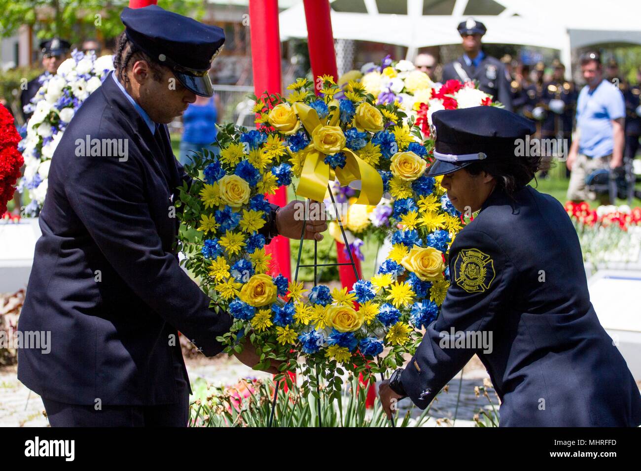 Philadelphia, USA. 2nd May 2018. Police, firefighters, friends and families of fallen first responders attend the annual Living Flame memorial service to honor those lost on duty in the city. Credit: Michael Candelori/Alamy Live News Stock Photo