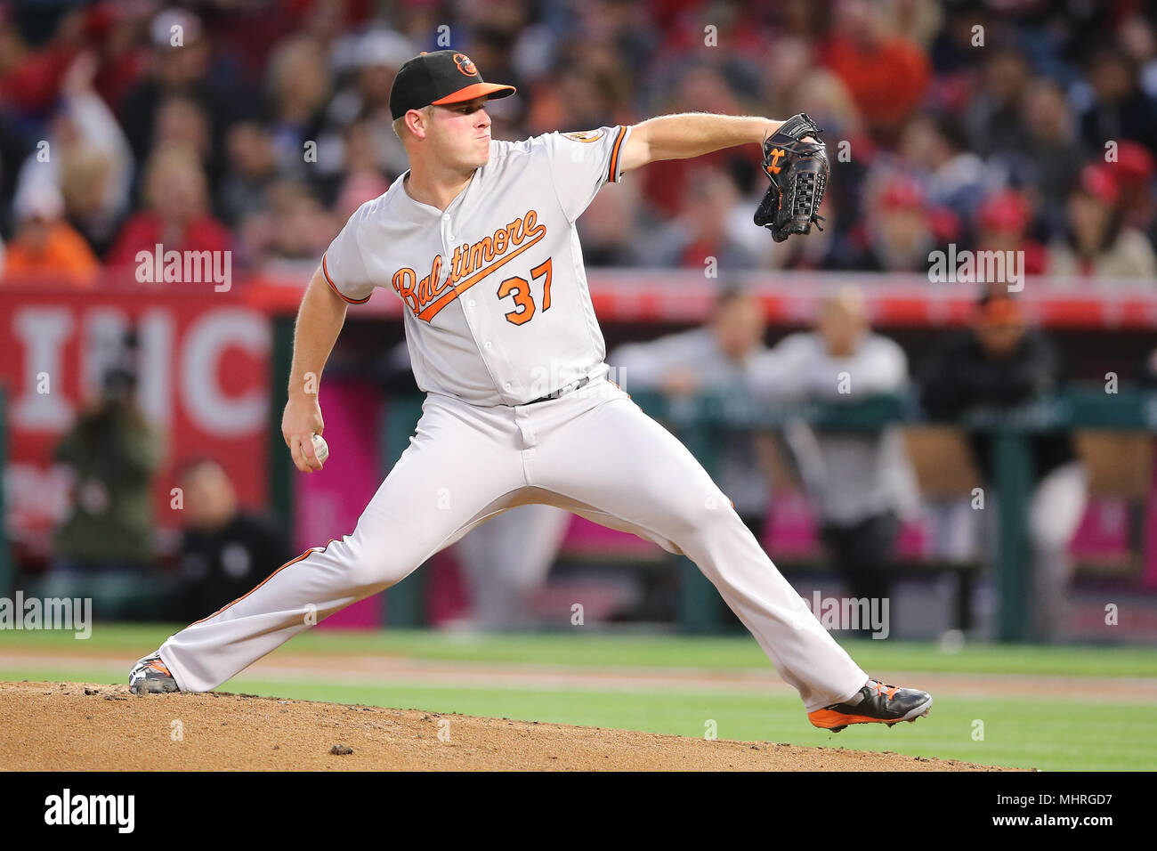 May 2, 2018: Baltimore Orioles starting pitcher Dylan Bundy (37) makes the start for the Orioles in the game between the Baltimore Orioles and Los Angeles Angels of Anaheim, Angel Stadium in Anaheim, CA, Photographer: Peter Joneleit Stock Photo