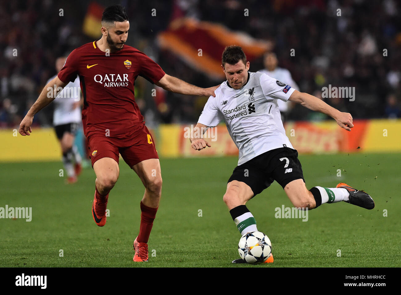 Rome Italy 03rd May 2018 Champions League Semifinals Roma Vs Liverpool Rome 02 May 2018 In The Picture Kostas Manolas And James Milner Photo Photographer01 Credit Independent Photo Agency Alamy Live News Stock Photo