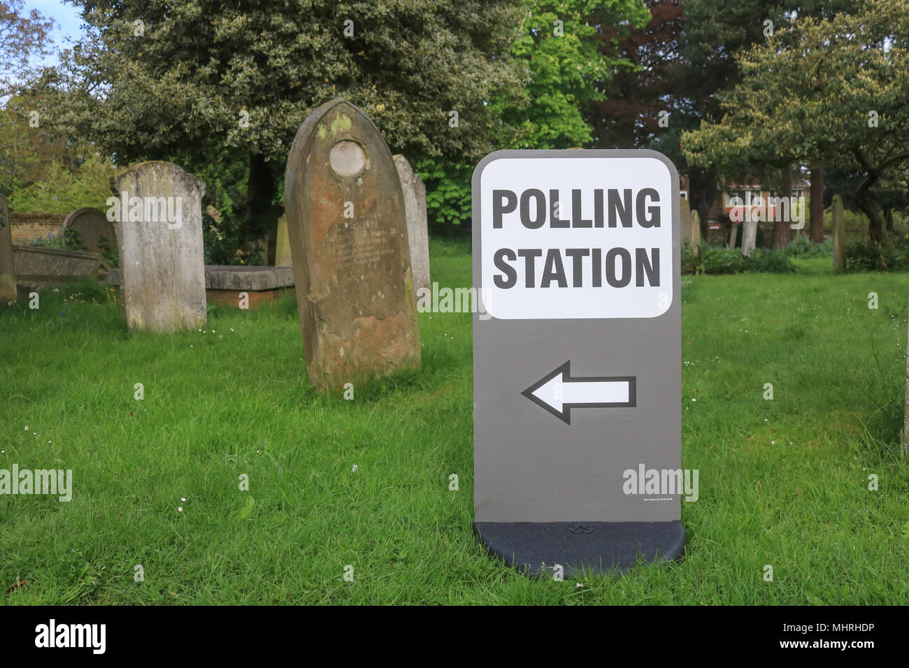 Wimbledon London UK. 3rd May 2018. A polling sign outside a Wimbledon church graveyard as local