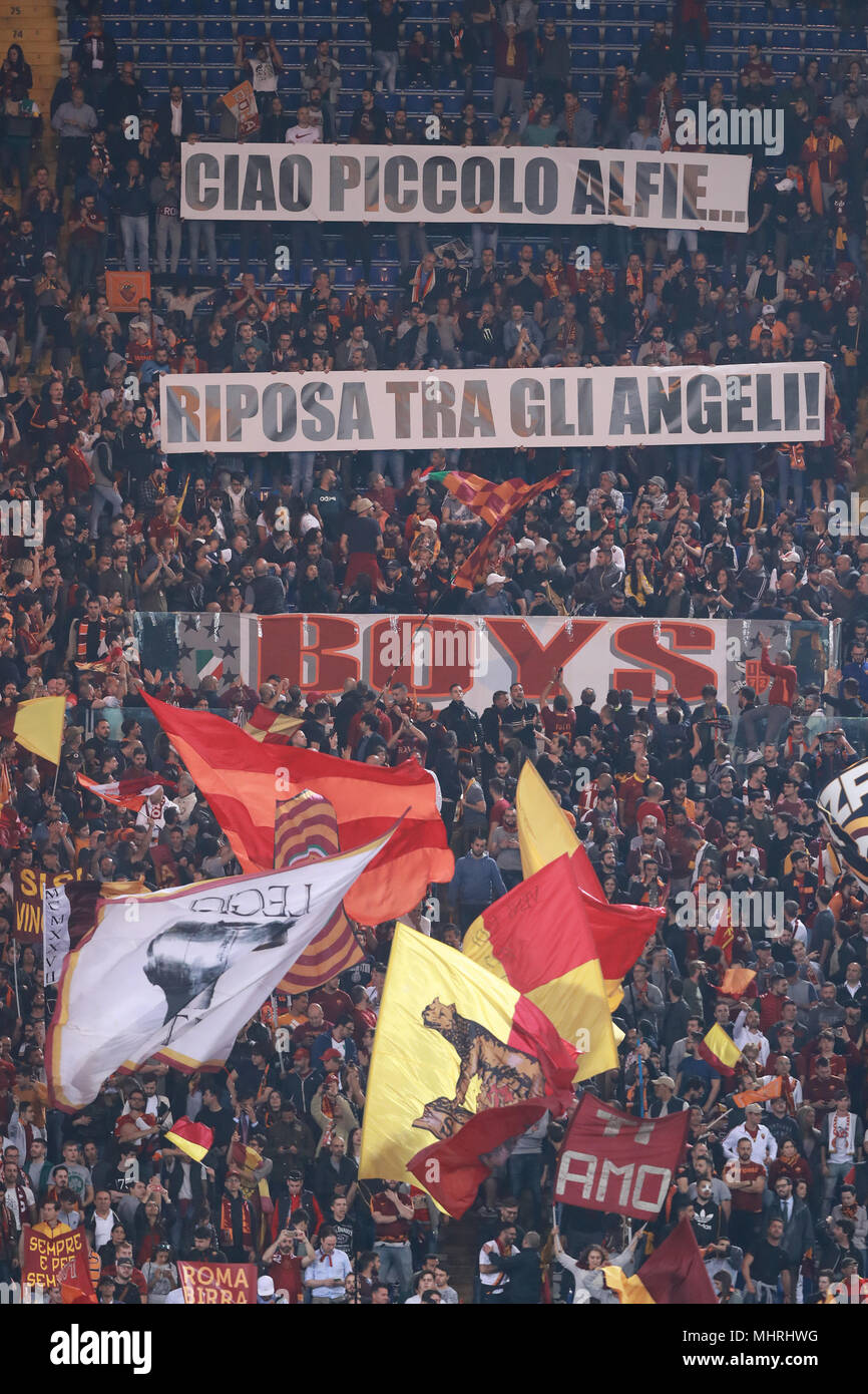 Rome, Italy. 2nd May 2018. Tifosi Roma, in ricordo del piccolo Alfie Roma  02-05-2018 Stadio Olimpico Football Calcio UEFA Champions League 2017/2018  AS Roma - Liverpool Semifinali di ritorno, Semi finals 2nd