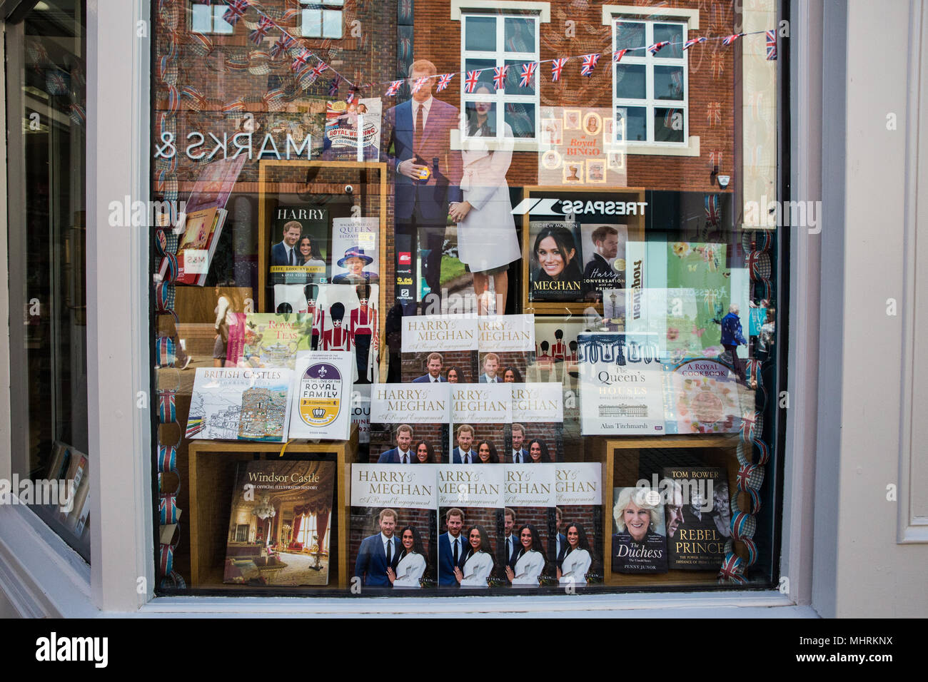 Windsor, UK. 3rd May, 2018. Many shops in Windsor town centre are displaying royal souvenirs in advance of the wedding of Prince Harry and Meghan Markle. Credit: Mark Kerrison/Alamy Live News Stock Photo