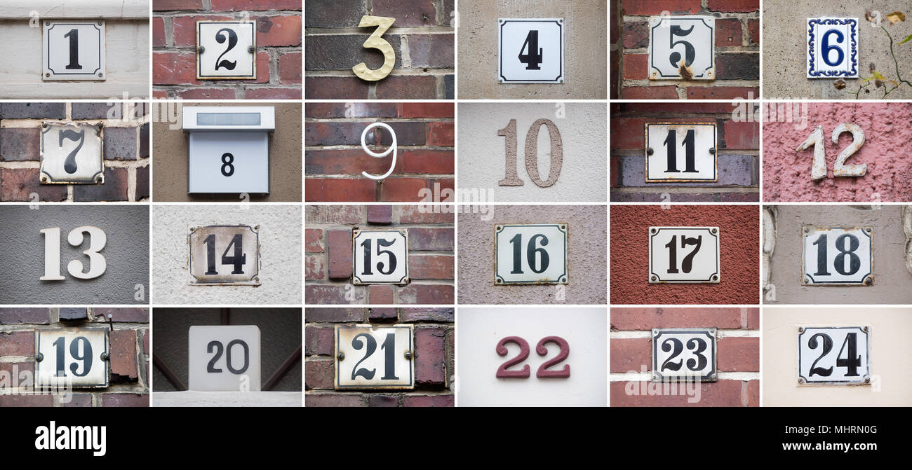 Hanover, Deutschland. 30th Nov, 2016. KOMBO - The picture combo shows house numbers from one to 24, which hang on 30.11.2016 at entrance doors of apartment buildings in the Sudstadt in Hannover (Lower Saxony). An Advent Calendar with 24 'Turen' indicates the remaining days to Weihafterten. Credit: Julian Stratenschulte/dpa | usage worldwide/dpa/Alamy Live News Stock Photo