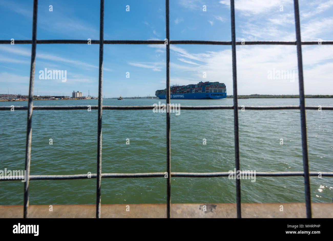Southampton, UK. 3rd May, 2018. The Cosco Shipping Himalayas huge container ship sailing from the port of Southampton fully loaded with containers full of british goods being exported to worldwide businesses. International exports befor Brexit to Europe and the rest of the world from british businesses and manufacturing organisations. Credit: Steve Hawkins Photography/Alamy Live News Stock Photo