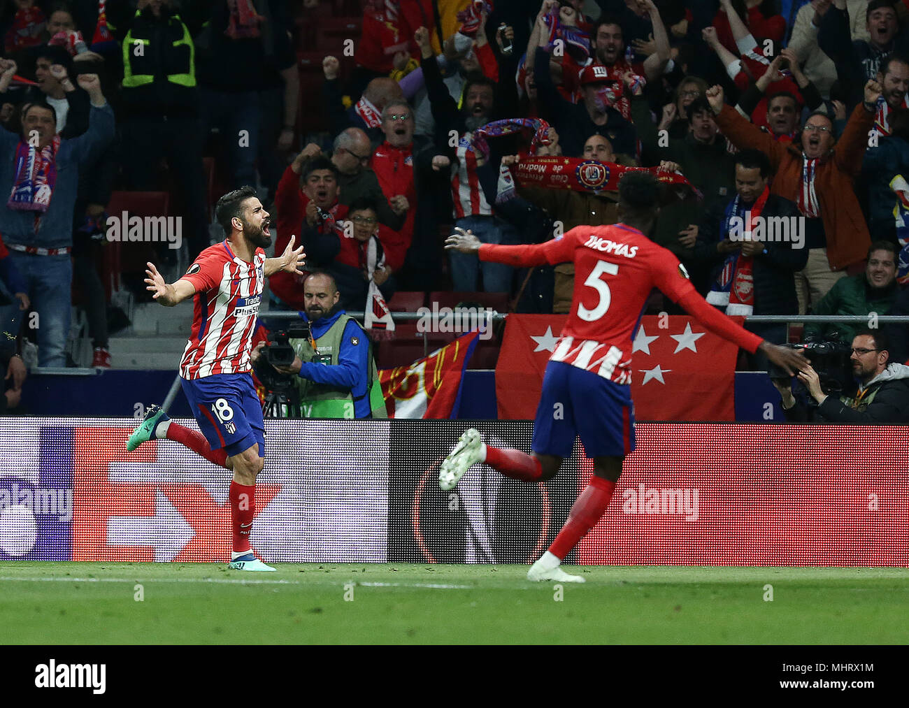 Madrid, Spain. 3rd May 2018. Diego Costa (Club Atletico de Madrid) celebrates after scoring a goal during the UEFA Europa League Semi Final Second Leg match between  Atletico de Madrid and Arsenal FC at the Wanda Metropolitano Stadium in Madrid, Spain. Final Score (Atletico de Madrid 1-0 Arsenal FC). Credit: SOPA Images Limited/Alamy Live News Stock Photo