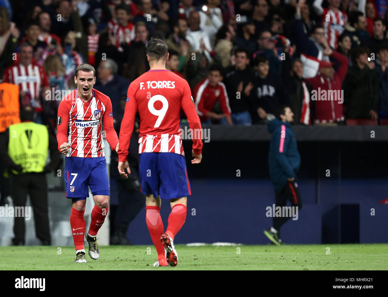 Madrid, Spain. 3rd May 2018. Antoine Griezmann (Club Atletico de Madrid)  celebrates with teammate Fernando Torres (Club Atletico de Madrid) after knocking out Arsenal after  the UEFA Europa League Semi Final Second Leg match between  Atletico de Madrid and Arsenal FC at the Wanda Metropolitano Stadium in Madrid, Spain. Final Score (Atletico de Madrid 1-0 Arsenal FC). Credit: SOPA Images Limited/Alamy Live News Stock Photo