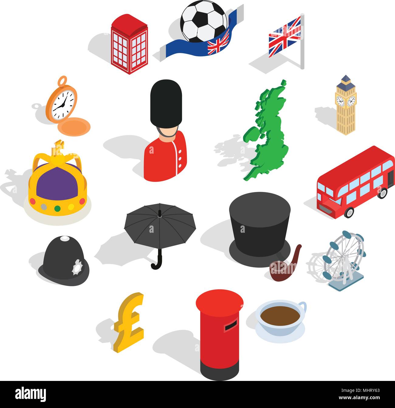 England icons set, isometric 3d style Stock Vector