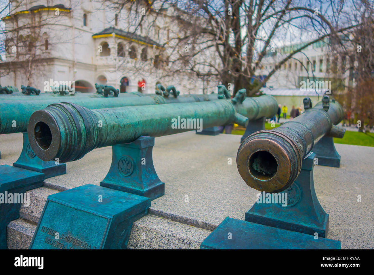 MOSCOW, RUSSIA- APRIL, 24, 2018: Exhibits of old military trunks of ancient cannons. Collection incorporates old Russian and foreign cannons of XVI-XIX centuries shown in the Moscow Stock Photo