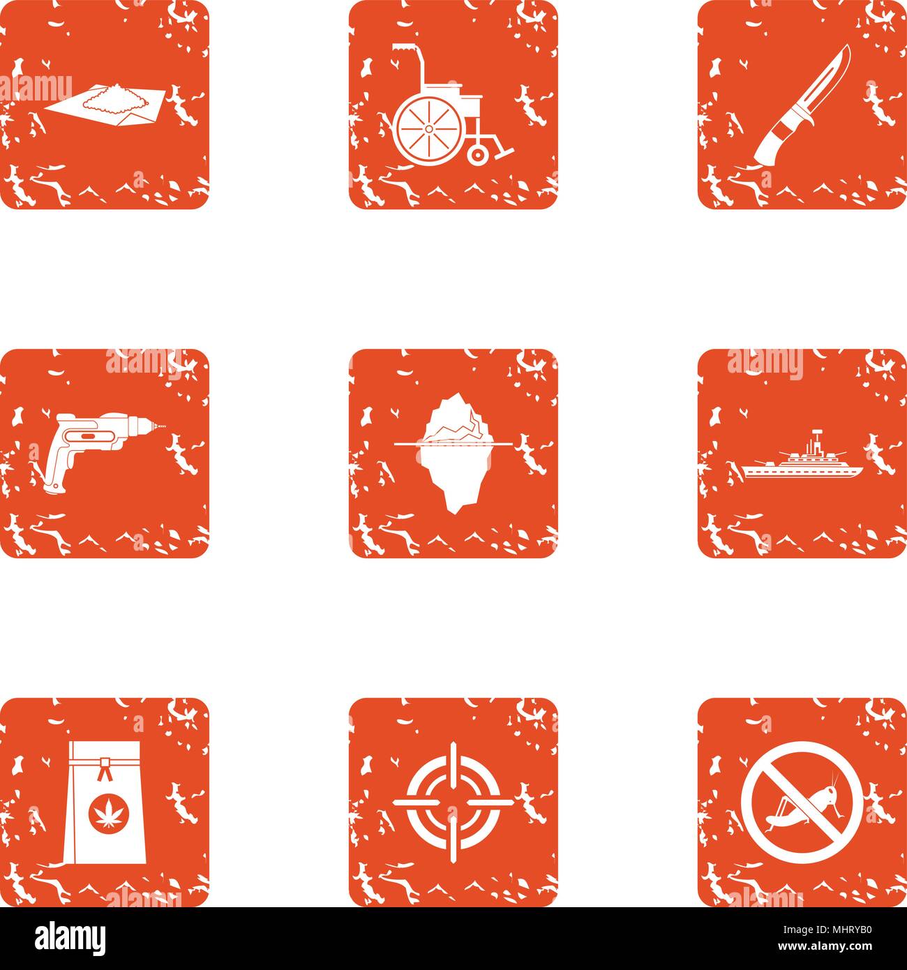 Consequence of war icons set, grunge style Stock Vector
