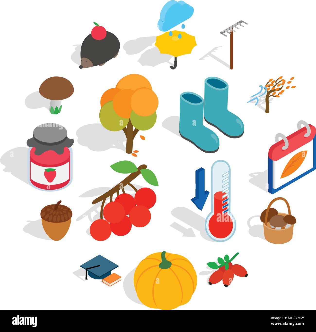 Autumn icons set, isometric 3d style Stock Vector