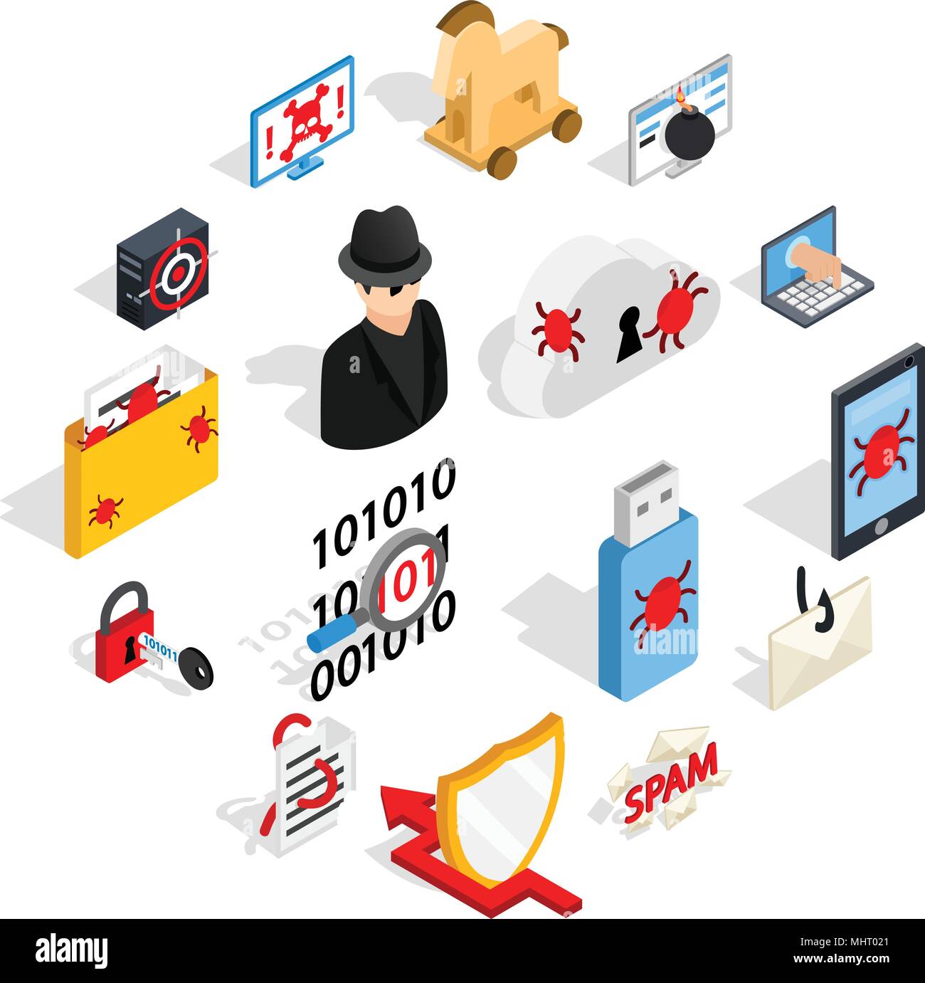 Hacking icons set, isometric 3d style Stock Vector