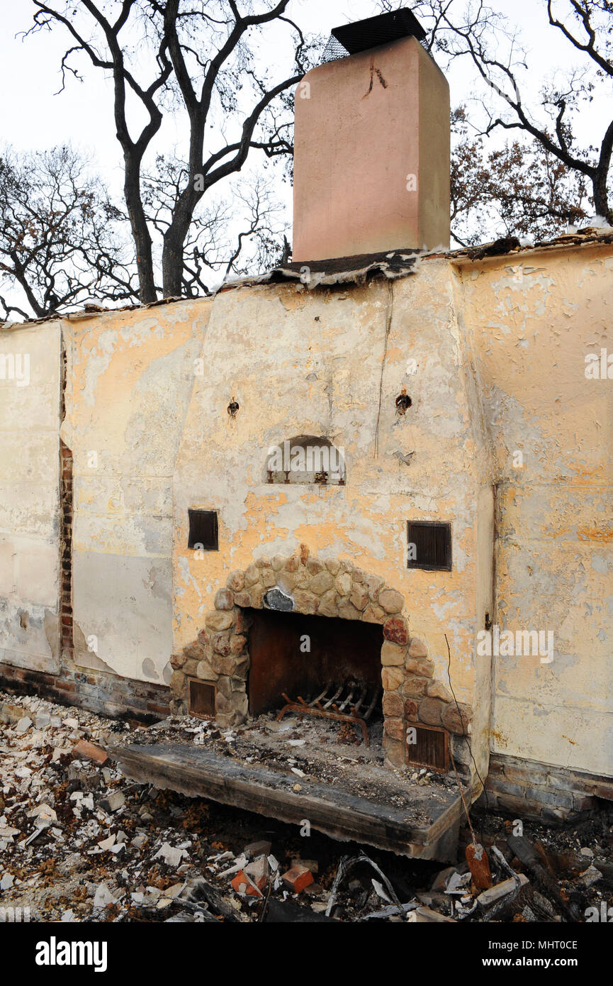 Residential destruction caused the Valley Fire during the 2015 California wildfire season in Lake County, California. Stock Photo