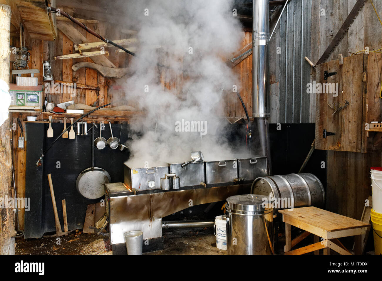 A maple syrup boiler evaporating the maple sap to make maple syrup