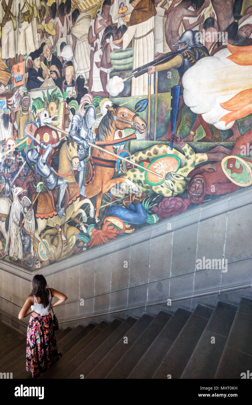 Mexico City,Mexican,Hispanic,Centro historico,historic Center Centre,National Presidential Palace Palacio Nacional,mural,central stairway,Diego Rivera Stock Photo