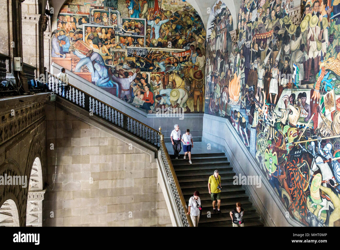 Mexico City,Mexican,Hispanic,Centro historico,historic Center Centre,National Presidential Palace Palacio Nacional,mural,central stairway stairs,Diego Stock Photo