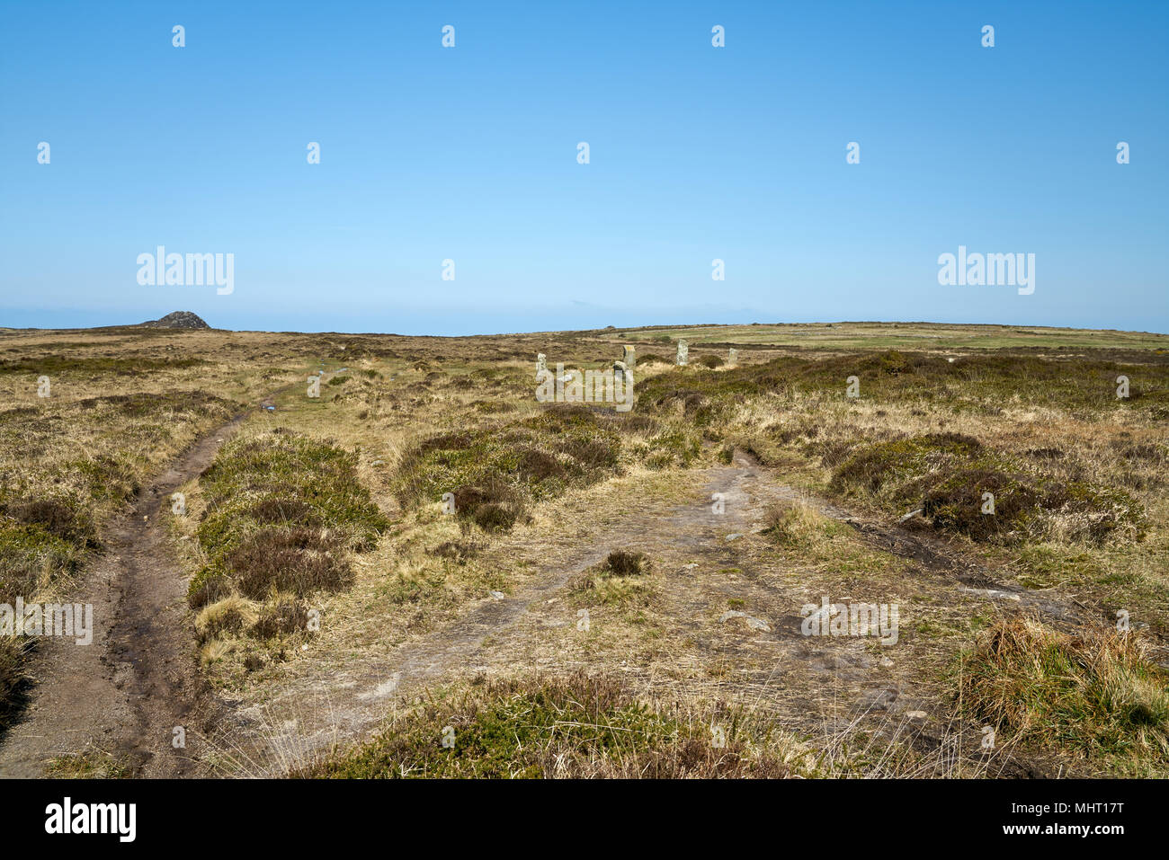 Nine Maidens Bronze Age Stone Circle also known as Boskednan Stone Circle or Nine stones of Boskednan. Near Men an Tol holed stone in Cornwall UK Stock Photo